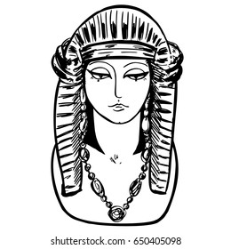 Egyptian symbol sphinx with woman face. Isolated head with nemes, earrings, precious necklace. Beautyful image for posters, prints, design, fabric, textile, manufacturing, wallpapers, interior decor.