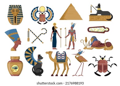 Egyptian symbols. Ancient Egypt. God and pharaoh with scepters. Cleopatra sculpture. Pyramid temple. Sphinx statue. Mythology animals. Mummy in sarcophagus. Vector illustration set