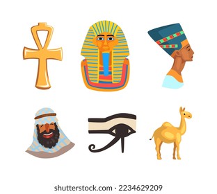 Símbolos egipcios con camello, ankh, ojo de orus, busto de Nefertiti y conjunto de vectores del faraón