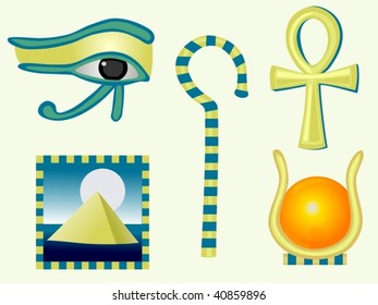 Egyptian Symbols, Eye of Ra, Ankh, Pyramid, Crook, Crown,  Five Total