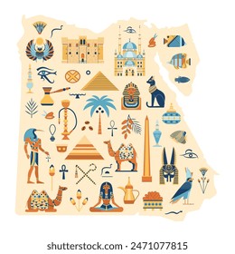 Egyptian symbols and landmarks on travel map of Egypt. Collection of famous touristic symbols and attractions like pyramid, Egyptian gods, Red sea fishes, cultural signs and architectural landmarks.