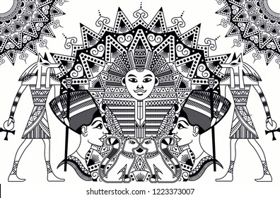 Egyptian symbols with ornamental mandala graphic,ethnic pattern,anubis,cleopatra,pharaoh. - Vector