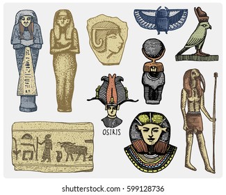 egyptian symbols, pharaon, scorob, hieroglyphics and osiris head, god vintage, engraved hand drawn in sketch or wood cut style, old looking retro, isolated vector realistic illustration.