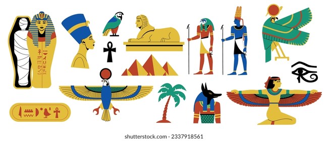 Egyptian symbols set. Ancient egyptian hieroglyphs, papyrus and paper decorative elements, ancient mythology and culture. Vector collection of ancient egyptian pharaoh illustration