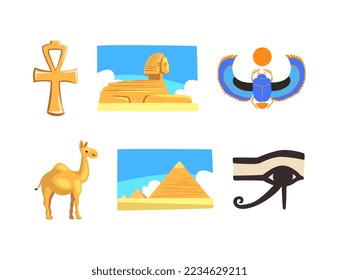 Símbolos egipcios con esfinge, escarabajo de Scarab, Ankh, Pirámide, camello y ojo de horus vector Set