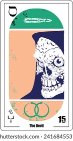 Egyptian tarot card called The Devil. Closeup of skull with blue hood.