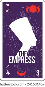 Egyptian tarot card called the empress. Nefertiti silhouette.