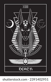 Egyptian tarot card Death with Anubis ancient Egyptian god in gothic style hand drawn vector illustration