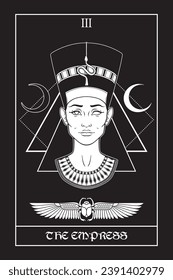 Egyptian tarot card The Empress with Nefertiti ancient Egyptian queen in gothic style hand drawn vector illustration