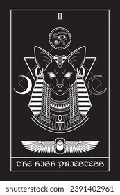 Tarjeta tarot egipcia La alta sacerdotisa con bastet o la gran diosa egipcia esfíntica gato con estilo gótico, ilustración vectorial hecha a mano.