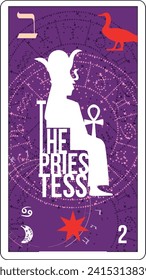 Egyptian tarot card number 2, called The Priestess. Illustration about ancient culture and divination