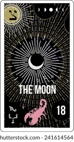 Egyptian tarot card number eighteen, called The Moon. Pink scorpion on black background.