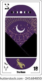 Egyptian tarot card number eighteen. Vector illustration of the moon next to black pyramids.