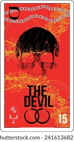 Egyptian tarot card number fifteen, called The Devil. Dark skull on red background.