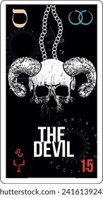 Egyptian tarot card number fifteen, called The Devil. Skull with horns and chains on a black background.