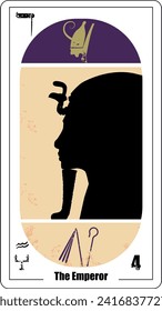 Egyptian tarot card number four, called The Emperor. Tutankhamun profile silhouette.