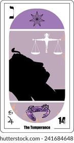 Egyptian tarot card number fourteen, called Temperance. Silhouette of a woman's face lying next to a scale and seven-pointed star.