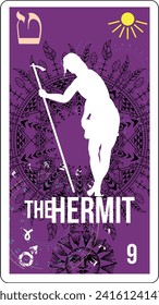 Egyptian tarot card number nine, called the hermit. Silhouette of Jesus by Titian in white.