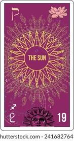 Egyptian tarot card number nineteen, called The Sun. Abstract illustration next to a lotus flower.