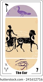 Egyptian tarot card number seven, called the chariot. Ancient war chariot with horses. Egyptian