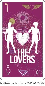 Egyptian tarot card number six, called The Lovers. Silhouette of Michelangelo's David.