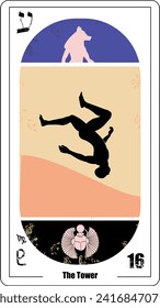 Egyptian tarot card number sixteen, called the tower. Silhouette of person falling.