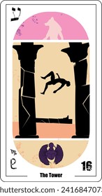 Egyptian tarot card number sixteen, called The Tower. Illustration of person falling next to collapsing towers and a blue beetle