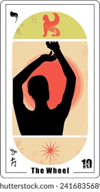 Egyptian Tarot card number ten, called The Wheel. Silhouette of a person with raised arms and a small sphinx.