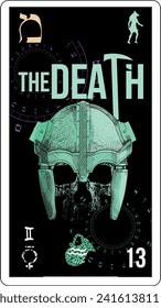 Egyptian tarot card number thirteen, called Death. Skull with helmet and typographic design.