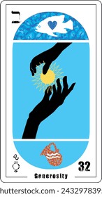 Egyptian tarot card number thirty-two, called Generosity. Silhouettes of two hands. Hebrew letter called Nun and Mercury in Leo.