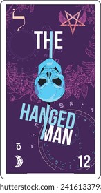 Egyptian tarot card number twelve, called The Hanged Man. Skull combined with typographic design.