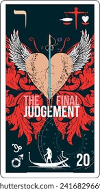 Egyptian tarot card number twenty called the last judgment. Winged heart with an ancient sword.