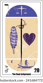 Egyptian tarot card number twenty, called The Last Judgment. Vertical sword, a feather and a heart in bluish and orange colors.