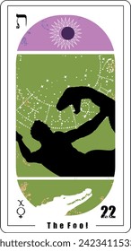 Ägyptische Tarot-Karte Nummer zweiundzwanzig, genannt "Der Narr". Symbole Merkur in Pisces, eine Sonnenfinsternis und ein Krokodil.