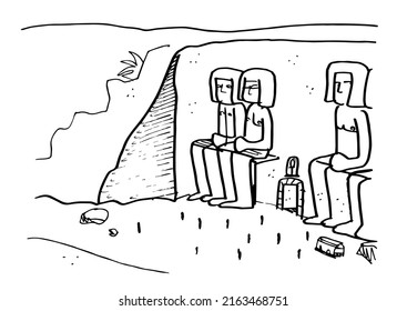 Egyptian temple carved into the rock with large statues of seated human figures. Black lines hand drawn cartoon style vector illustration.