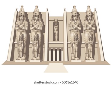 Egyptian temple with four standing figures of the Pharaohs on a white background
