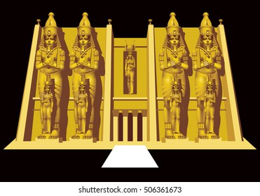 Egyptian temple with four standing figures of the Pharaohs on the black background