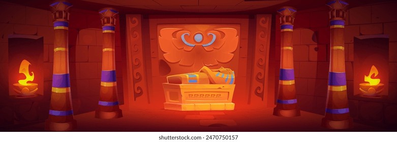 Egyptian temple room interior with pharaoh sarcophagus and columns. Cartoon vector underground ancient Egypt pyramid palace with gold decoration. Mummy tomb for treasure hunter and explore concept.