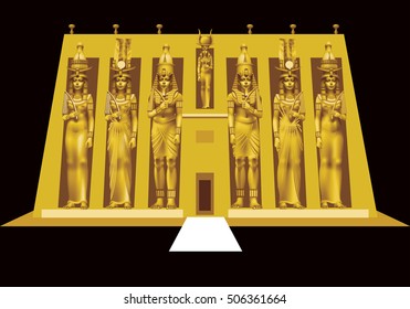 Egyptian temple with six standing figures on a black background