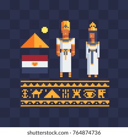 Egyptian theme icons set. Pixel art flat style. Pharaoh and priestess characters. Pyramid, Egypt flag, pattern. Embroidery design. 8-bit. Isolated vector illustration.