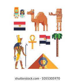 Egyptian theme pixel art flat style icon set. Anubis god of egypt character, pyramid with sphinx, mummy, Egypt flag and camel. Embroidery, sticker and logo design. 8-bit. Isolated vector illustration.