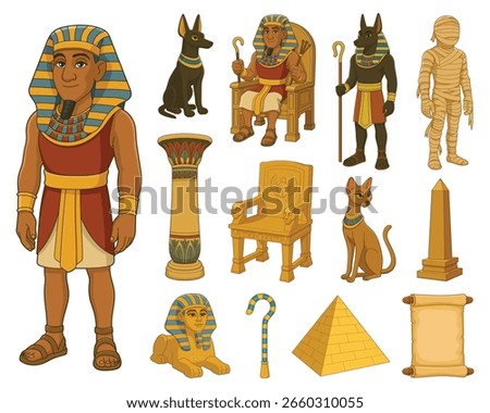 Egyptian themed cartoon characters and objects, isolated on a white background.