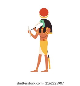 Egyptian Thoth god of wisdom and knowledge with the head of an ibis, flat vector illustration isolated on white background. Egyptian religion and mythology.