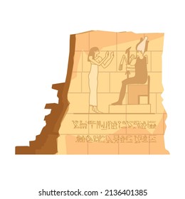 Egyptian tomb composition with isolated image of cracked wall with drawings and hieroglyphs etching vector illustration
