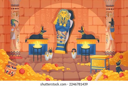 Egyptian tomb. Egypt tombs, underground palace inside pyramid, pharaoh sarcophagus afterlife coffin, gold treasure chamber game background ingenious vector illustration of egyptian tomb civilization svg