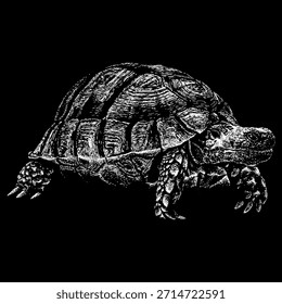 Tortuga egipcia, mostrando su concha texturizada y miembros robustos en un estilo de grabado clásico, aislado sobre un fondo negro.