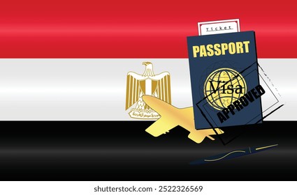 Egyptian Travel Documentation Concept with blue Passport and Egypt Flag. Approved Stamp. Airplane and Travel Tickets. Ideal for Immigration Tourism and Traveling Themes. Vector EPS available