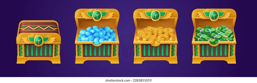 Egyptian treasure chests with gold coins, diamonds and cash. Game props icons of ancient trunks with money of pharaoh of Egypt. Golden boxes with scarab badge, vector cartoon illustration