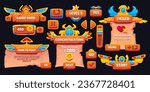 Egyptian ui game interface cartoon vector icon. Egypt menu design element set with level frame, progress bar, papyrus congratulation popup and failed sign. 2d wooden casual app concept with scroll