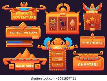 Egyptian ui game interface. Progress bar, buttons, score signs, menu panel elements. Ancient egypt adventures online play app design, nowaday vector set